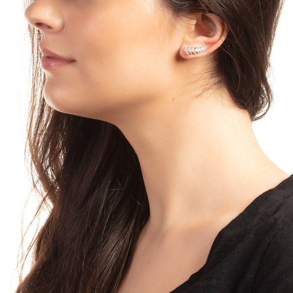 Sole du Soleil Women's 18K White Gold Plated CZ Simulated Diamond Crawler Leaf Fashion Earrings - SDS20324EO